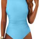 ANRABESS Women Swimsuits One Piece Tummy Control Full Coverage Backless Bathing Suit Ruched Swim Suit Beach Vacation Swimwear (Medium, Light Blue)