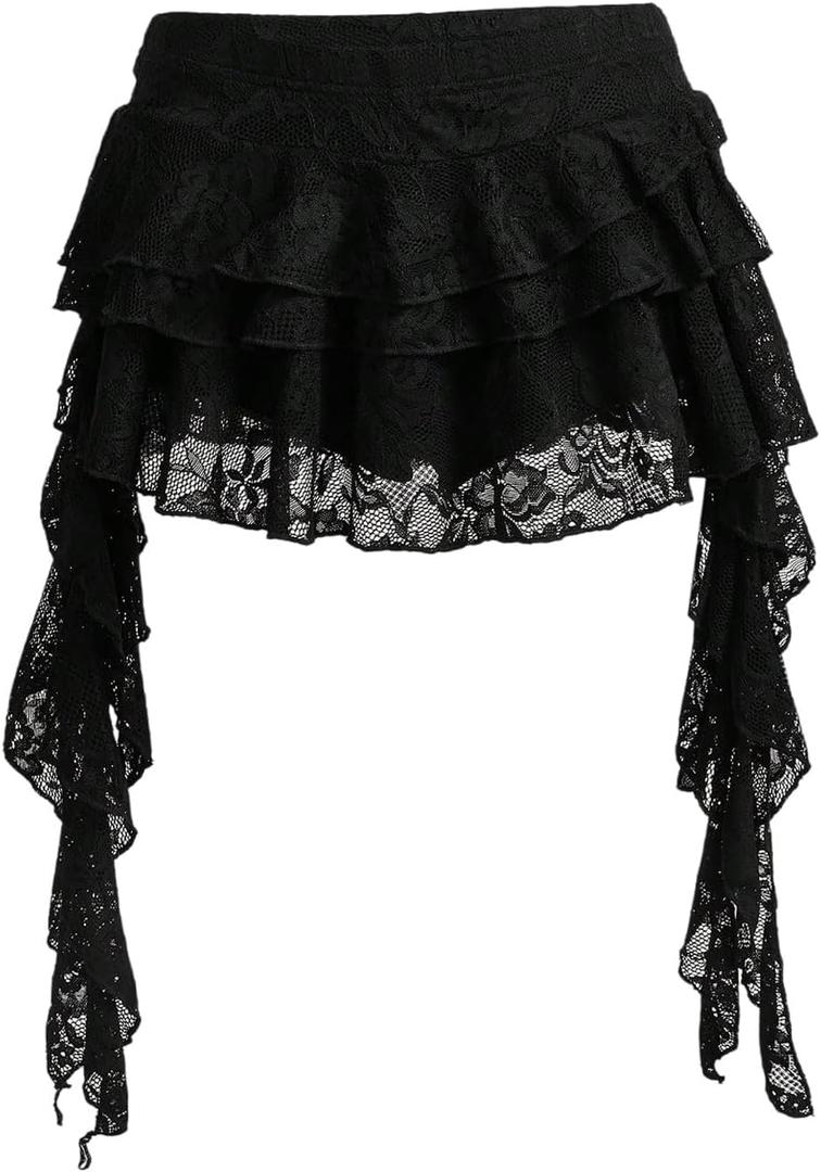 Women's Y2K Mini Skirt Ruffle Lace Asymmetrical Cute Skirts Layered Flowy Pleated Skort with Shorts for Concert Party (Black, S)
