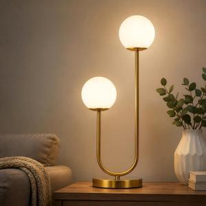 Gold Double Globe Table Lamp, U-Shaped Mid Century Bedside Light
