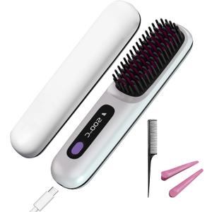 GERY Go Brush Pro 2026 Upgrade Portable Cordless Hair Straightener Brush Comb for Women Short Hair, Fast Heating with LCD Temperature Display, Negative Ion, Travel Gift (White)