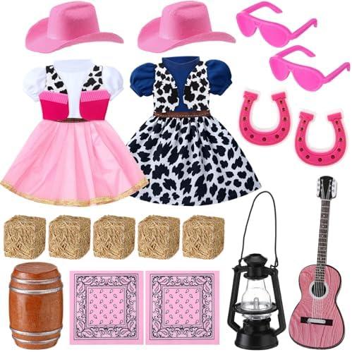 Motionchic 20 Pcs Christmas Elf Cowgirl Costume Set Pink Western Clothes Accessories Holiday Elf Outfits with Lantern Wheel Hay Bales Cactus Guitar  for Christmas Party Decoration