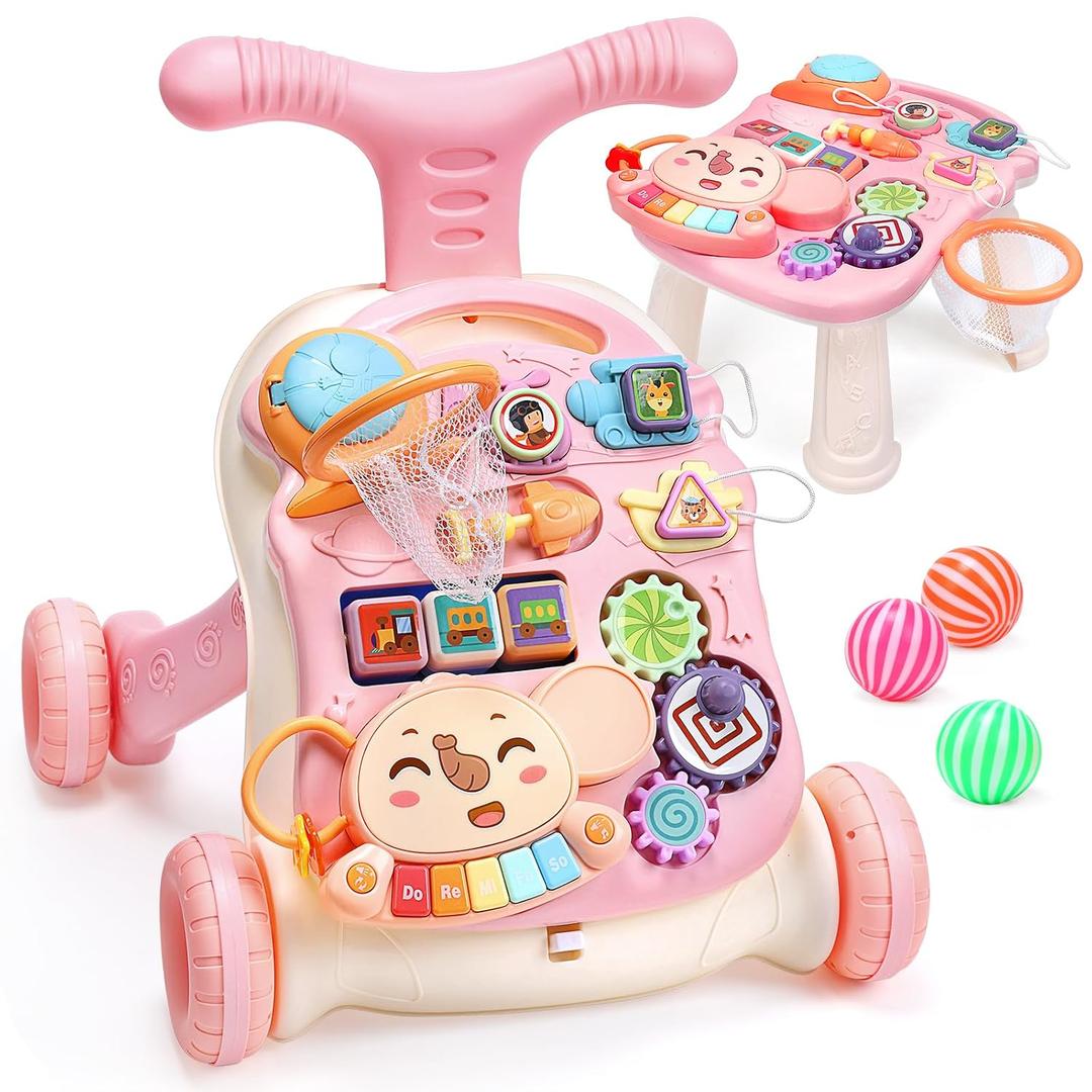 CUTE STONE 2-in-1 Baby Walker for Girls, Toddlers Learning Walker, Early Educational Push Walking Toys with Detachable Activity Center for Infants 12+ Months