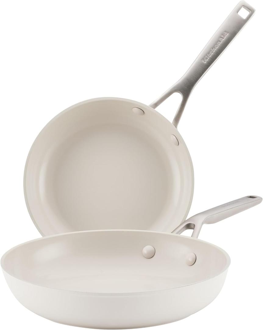 KitchenAid Hard Anodized Ceramic Induction Nonstick Cookware 2-Piece Frying Pans/Skillet Set, Dishwasher Safe, 8.25 Inch and 10 Inch Non Stick Fry Pans with Stainless Steel Handles - Porcelain White