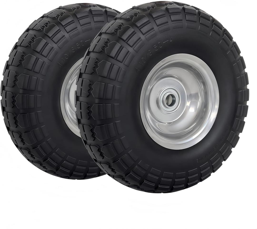 Atlantic 2-Pack Solid PU Wheels 4.10/3.50-4  10" Heavy Duty Flat-Free Polyurethane Tires with 5/8" Ball Bearings & 2.25" Offset Hub  Perfect for Hand Trucks,Wagons, Wheelbarrows (Drive Pattern)