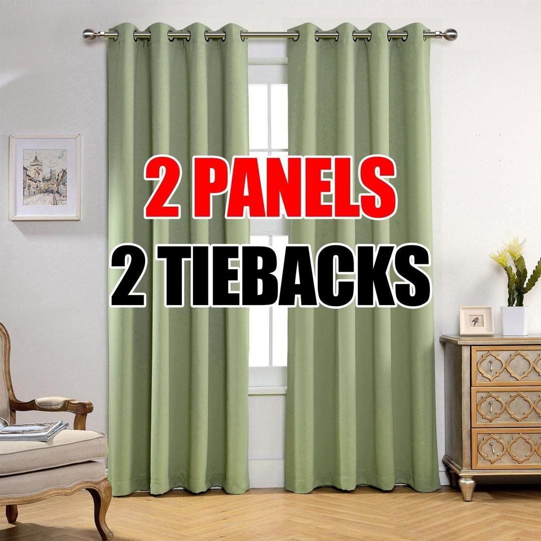 MIUCO 1 Pair Thermal Insulated Grommet 52-Inch-by-84-Inch Blackout Window Curtain Panels with 2 Tie Backs, Sage
