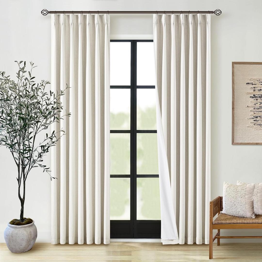 Natural Pinch Pleated Linen Blackout Curtains 84 Inch Length 2 Panels for Bedroom Living Room Darkening Thermal Insulated Cream Birch Boho Neutral Back Tab Pinch Pleat Lined Window Curtain 84 Inches