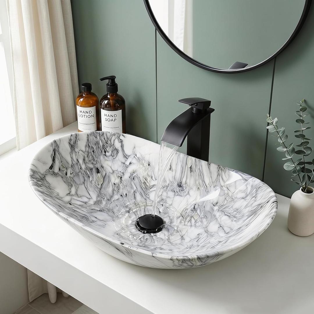 24x14 Inch Vessel Sink with Waterfall Faucet and Pop-up Drain Marbling Bathroom Sinks Ceramic Above Counter Bowl Sink Oval Bathroom Sink Porcelain, 24x14x4 inches