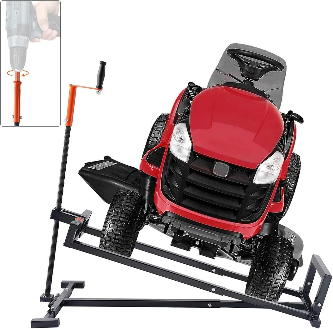 VEVOR Ride on Lawn Mower Lift Jack, 880 Lbs Weight Capacity, Telescopic Maintenance Jack with Crank Handle & Power Tool Handle, Foldable Lawn Tractor Lifter for Lawn Mowers and Garden Tractors, Black
