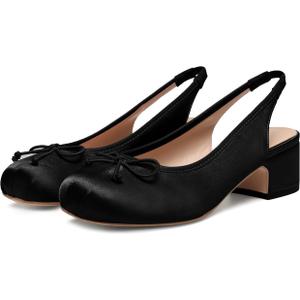 Riekhany Slingback Ballet Heels for Women Cute Bow Square Toe Low Chunky Heel Ballerina Pumps Comfort Satin Mary Jane Heels Shoes with Elastic Rear Strap, Size 7