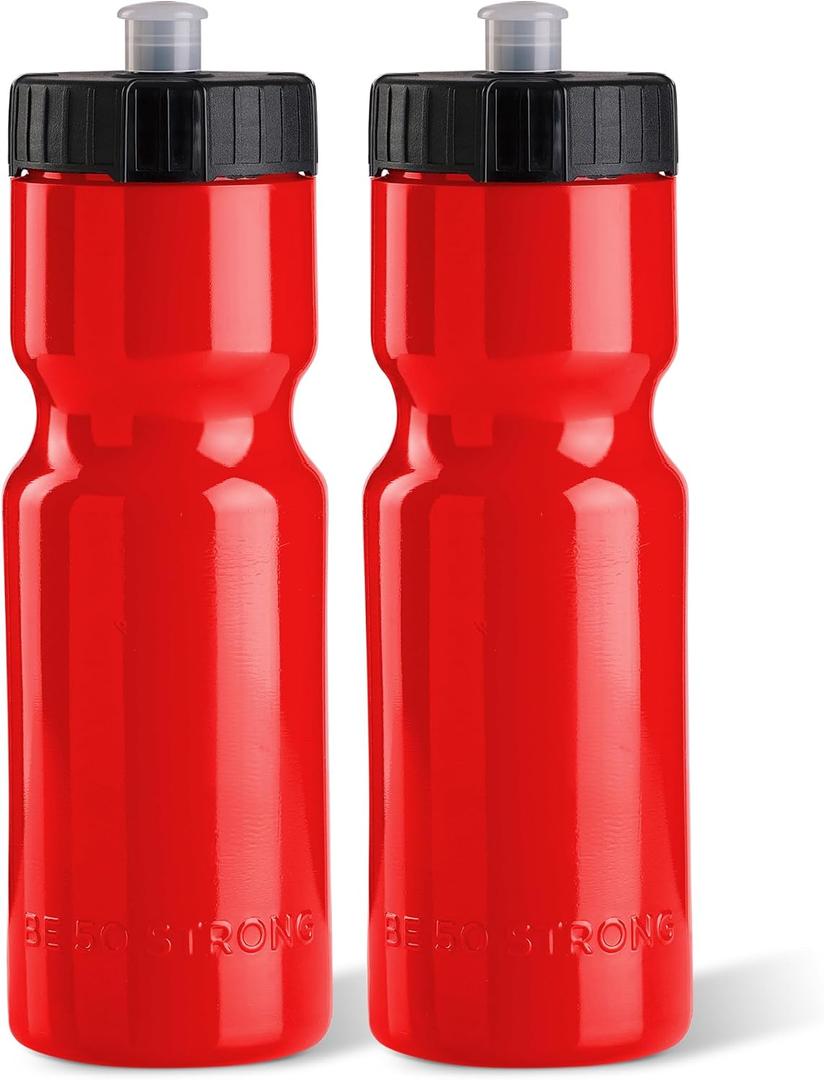 50 Strong Sports Water Bottles Reusable 22 oz BPA-Free Plastic Bottles with Pull Top Cap Made in USA Top Rack Dishwasher Safe Fits Most Bike Cages Brand