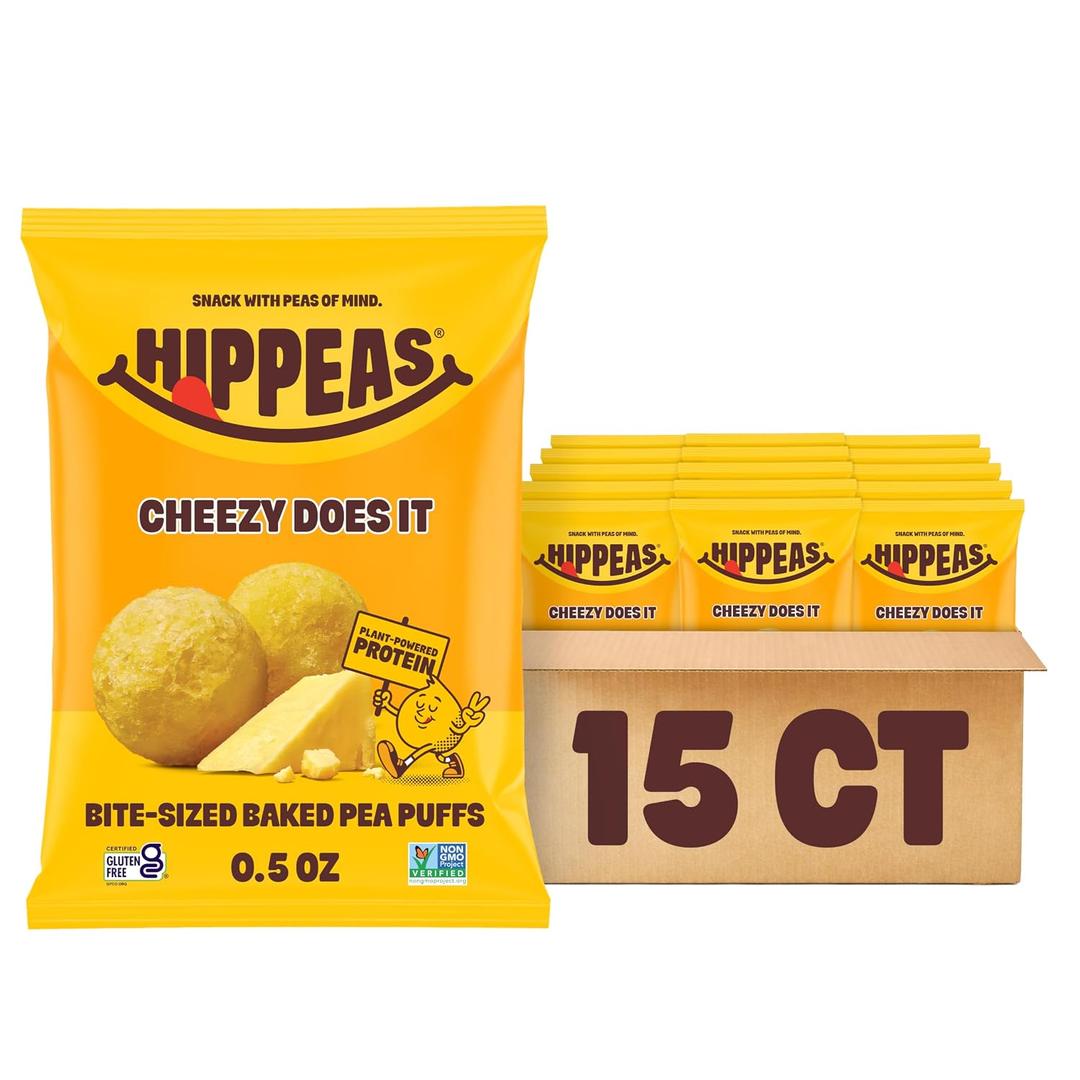 Hippeas Cheezy Cheddar Pops, 0.5 Ounce (Pack of 15), 2g Protein, Fiber, Vegan, Gluten-Free, Crunchy, Plant Protein Snacks (EXP 01/24/27)