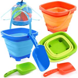 Sloosh 3-Pack Collapsible Sand Toys - Square Foldable Pail Silicone Beach Water with 3 Shovels for Sandbox Play, Party in Summer Portable Toddler Kids Toys Beach Travel (Orange/Blue/Green)