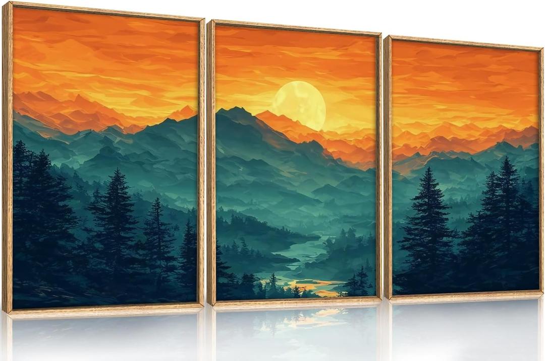 HOURIA Large Sunrise Mountain Forest Landscape Framed Canvas Wall Art Set, Orange Sky Green Ridge Wall Decor, Nature Pine Tree Artwork, Boho Watercolor Art Print for Living Room, Bedroom- 16"x24"x3