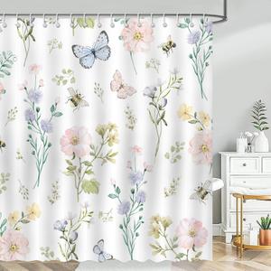 Mocsicka Floral Shower Curtain Farmhouse Butterfly Floral Bathroom Shower Curtain Boho Wildflower Bee Waterproof Fabric Shower Curtains Bathtub Decor with 12 Hooks 72 X 72 Inch
