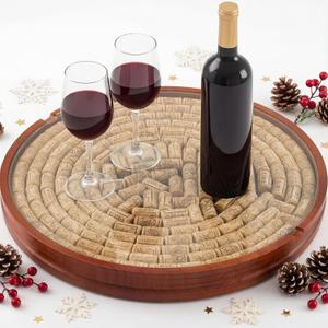 Wine Cork Holder Decorative Christmas Wine Lover Creative Gift Wooden Lazy Susan for Countertop with Glass Protective Cover Can Store 130 Corks Stoppers Display Kitchen Bar Table Centerpieces