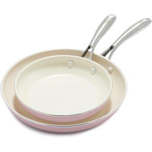 GreenLife Artisan Healthy Ceramic Nonstick, 8" and 10" Frying Pan Skillet Set, Stainless Steel Handle, Induction, PFAS-Free, Dishwasher Safe, Oven Safe, Pink