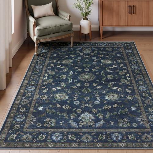 Wonnitar 5x7 Washable Area Rug, Non Slip Vintage Floral Rug for Bedroom, Ultra-Thin Stain Resistant Floor Carpets Rugs for Living Room Dining Room Home Office,(Blue,5x7)