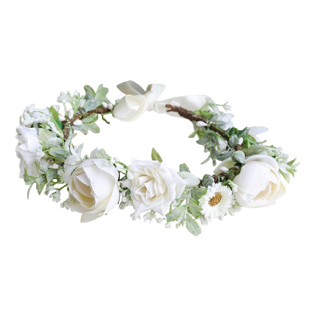 Vivivalue Women Flower Crown Flower Garland Headband Hair Wreath Floral Headpiece Halo Boho Wedding Party White (Z)