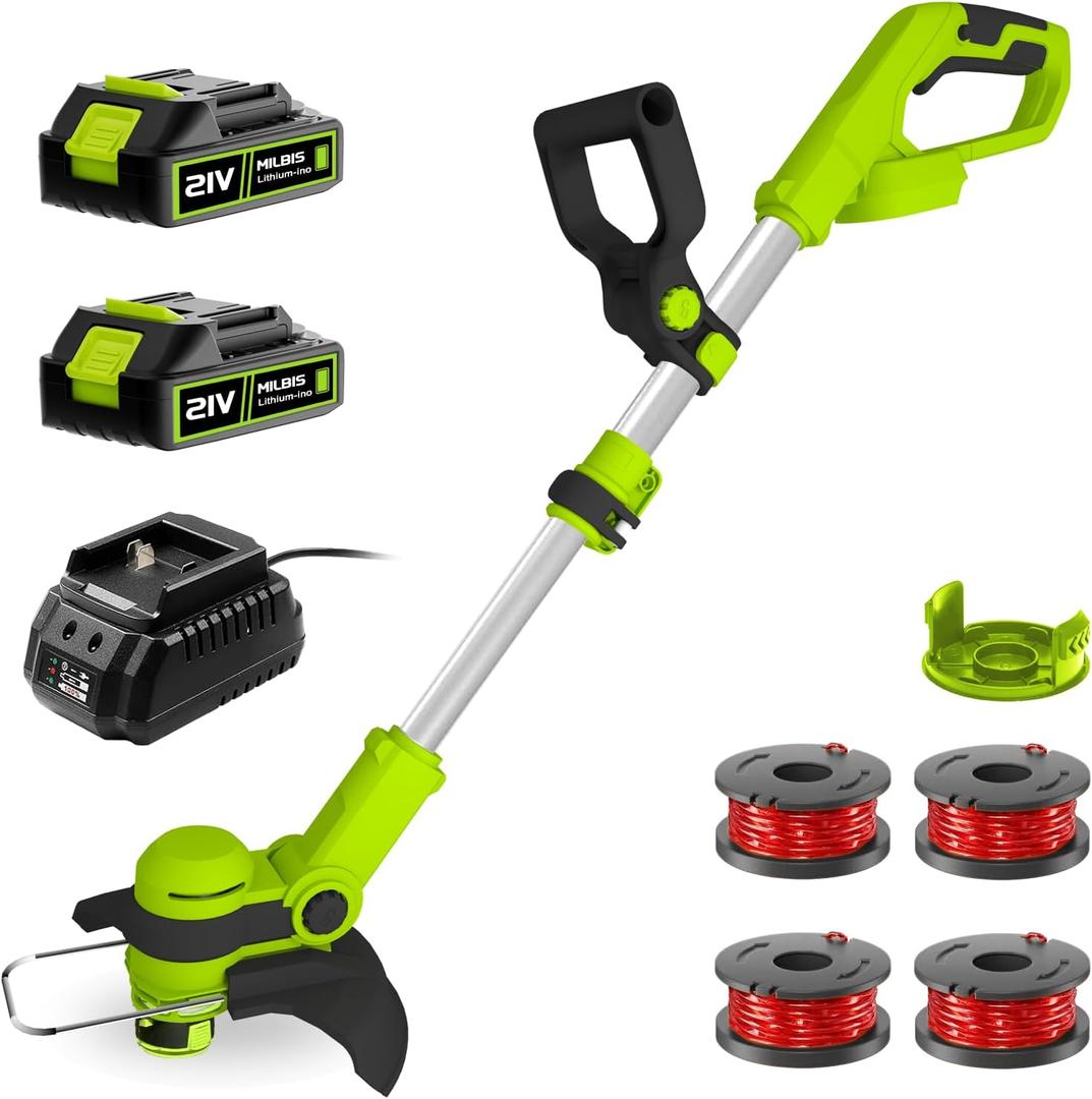 12 Inch String Trimmer Cordless, 21V Electric Weed Wacker with 2.0Ah Battery Powered, Auto Line Feed, 2 in 1 Trimmer and Lawn Edger with 4 Bonus Spools for Lawn, Garden, Yard (Yellow)