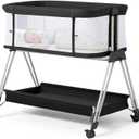 Fodoss Baby Bassinet Bedside Sleeper with Wheels and Storage Tray,4-Sided Mesh Bedside Bassinet for Infant/Newborn,7 Height Adjustable Easy Folding Bedside Crib