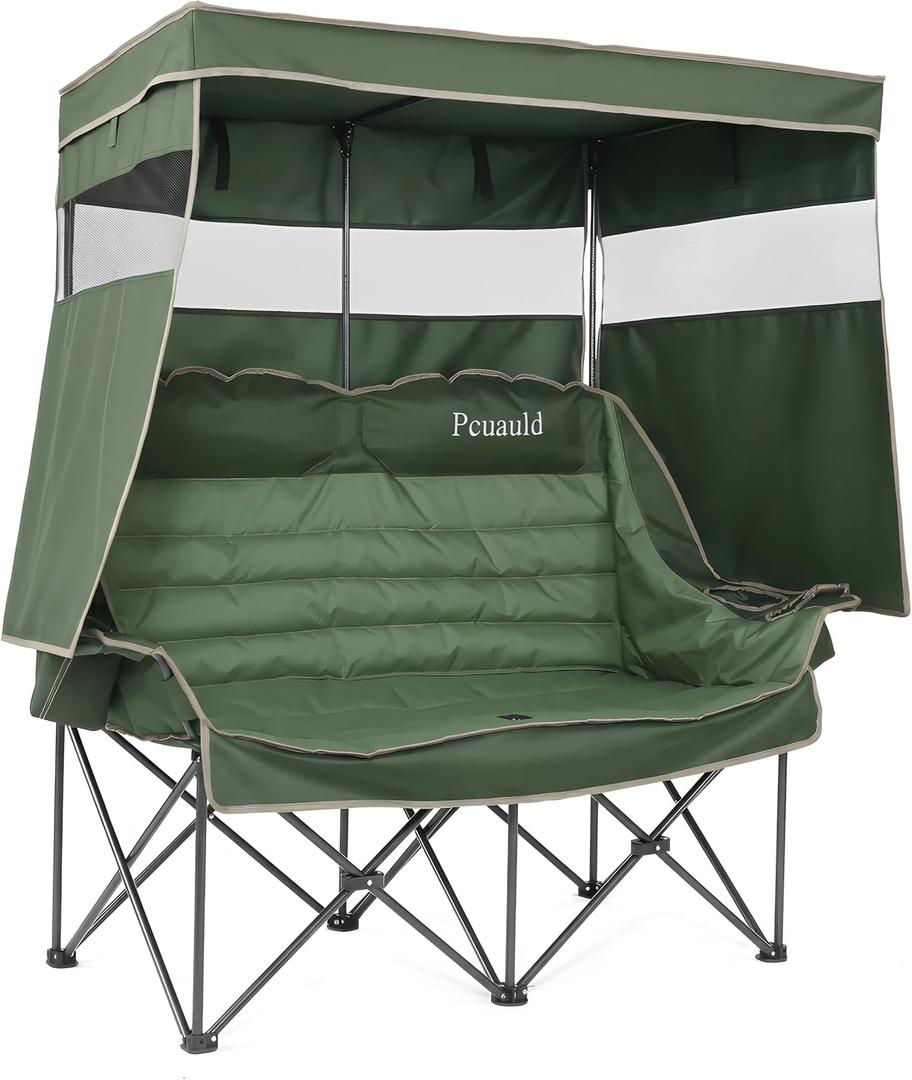 Double Camping Chair with Canopy Heavy Duty 2 Person Folding Loveseat Beach Chair with Shade High Back Oversized Outdoor Camping Couch with Cup Holders & Wine Racks for Lawn, Sports, Green