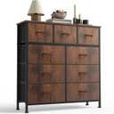 Sweetcrispy 9-Drawer Fabric Dresser Storage Tower with Wood Top and Steel Frame, Organizer Chest with Easy Pull Handles for Bedroom, Closet, Hallway,Distressed Brown, 11.8"D x 39.6"W x 39.8"H