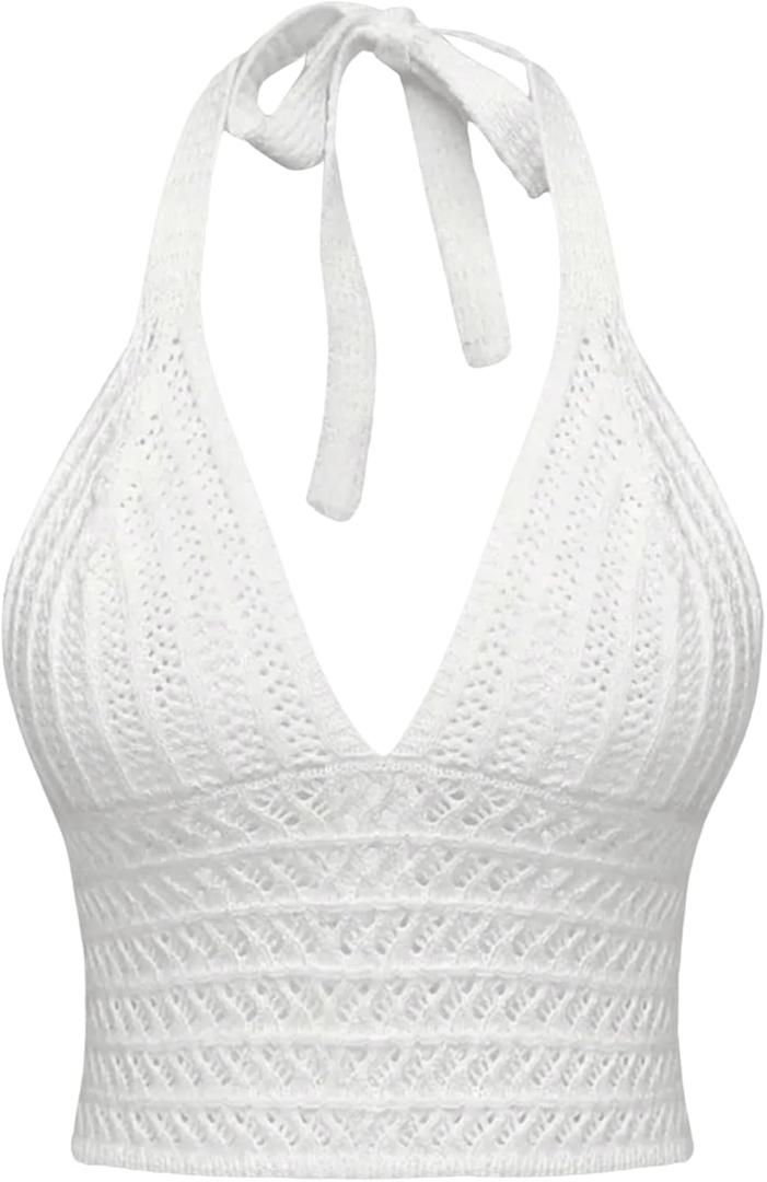 GORGLITTER Women's Crochet Bow Halter Top Cute Backless Summer Ribbed Knit Going Out Country Concert Crop Tops 2025 (M)