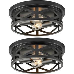 VONLUCE Flush Mount Ceiling Lights, 2-Light Hallway Ceiling Lighting Fixtures, 11 inch Farmhouse Metal Cage Ceiling Lights for Entryway Kitchen, Adjustable Lamp Holders, ETL, 2 pcs, Black