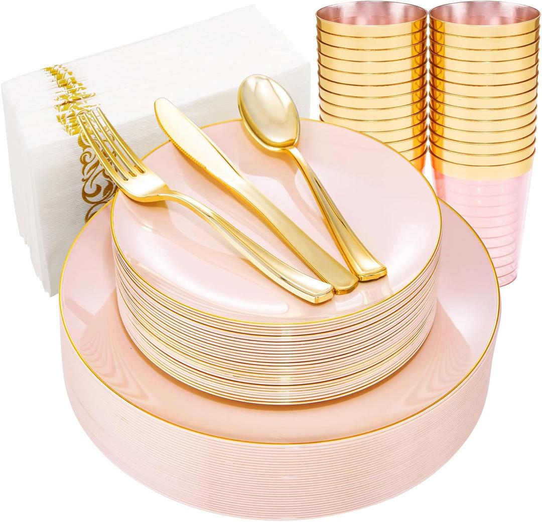 Rubtlamp 210Pcs Plastic Pink Plates with Gold Plastic Silverware Set Include 30Pink Dinner & 30 Dessert Plates, 90Gold Cutlery, 30Gold Cups, 30Napkins, Pink Dinnerware for Mother's Day Rubtlamp 210Pcs Plastic Pink Plates with Gold Plastic Silverware Set Include 30Pink Dinner & 30 Dessert Plates, 90Gold Cutlery, 30Gold Cups, 30Napkins, Pink Dinnerware for Mother's Day