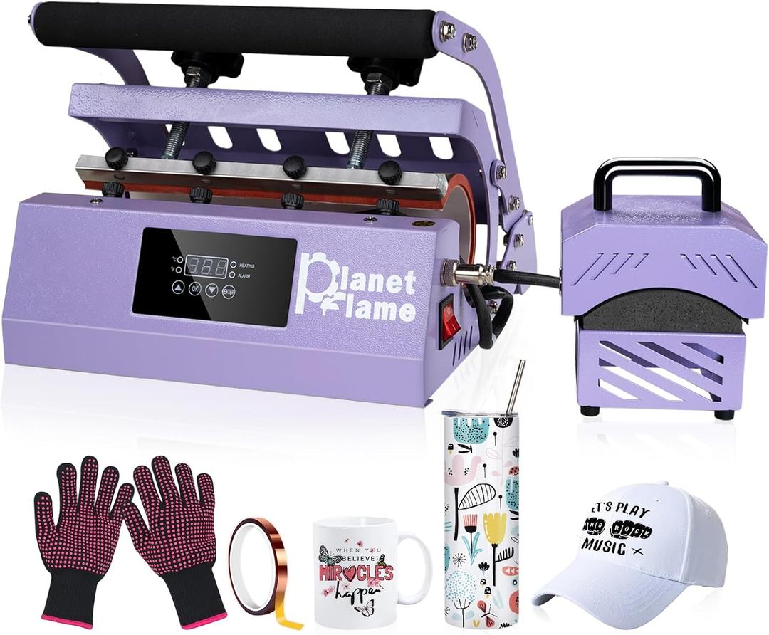 Tumbler and Hat Heat Press Machine, 2-in-1 Combo Machine for Cup and Cap with Gloves and High Temp Heat Resistant Tape for 11oz-30oz Sublimation Tumbler and All Caps, Purple