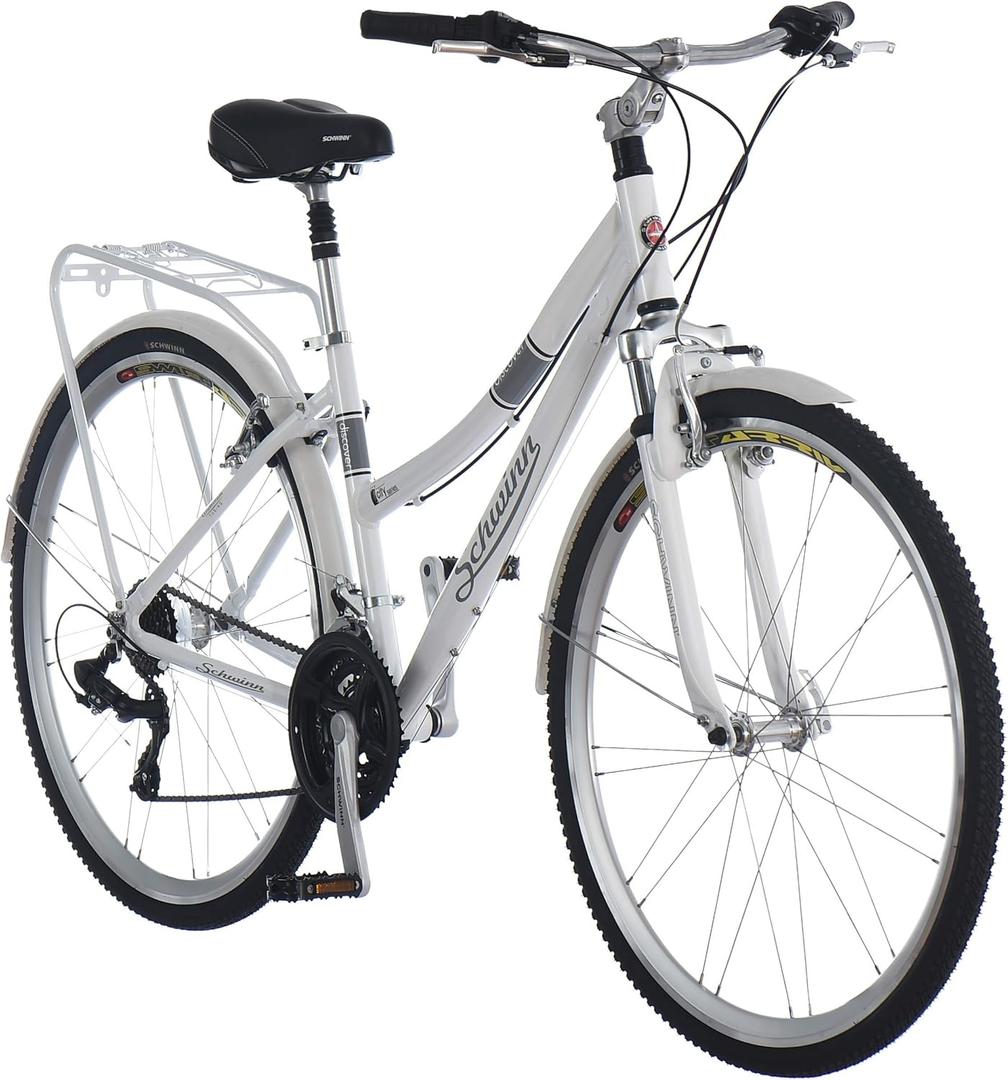 Schwinn Discover Adult Hybrid Bike for Men and Women, 700c Wheels, 21-Speeds, 19-Inch Aluminum Step-Over Frame, Front and Rear Fenders, Rear Cargo Rack, White
