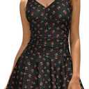 SHEKINI Women's V Neck One Piece Skirt Swimsuit Ruched Retro Swimdress Bathing Suit (Black-cherry, X-Small)