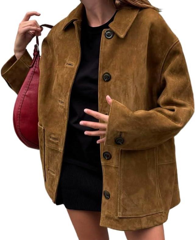 IDEALSANXUN Suede Jacket Women Fall Winter Casual Oversized Faux Leather Blazer Jackets Trench Coat Outerwear (Small, Brown)