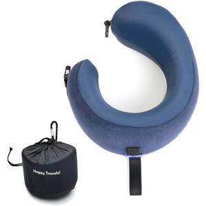 C CUSHION LAB Travel Pillow, Award-Winning Patented Ergonomic Design for Chin & Neck Support Memory Foam Neck Pillow, Compact Airplane Pillow for Traveling, Flight, Car (Navy, Medium) (Medium, Atlantic Blue)