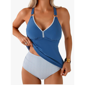 Aleumdr Tankini Swimsuits for Women 2 Piece Tummy Control Bathing Suit V Neck Tankini Top with High Waisted Bottom, Size S
