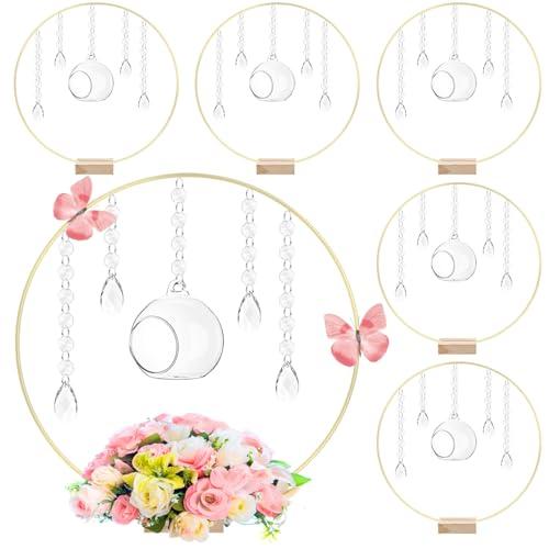 Leinuosen 4 Pack 12'' Metal Floral Hoop Centerpieces Set with Wooden Stand, Hanging Candle Holder, Acrylic Crystal Pendant Garland Crystal Garland String, for DIY Wedding Party Tabletop Decoration