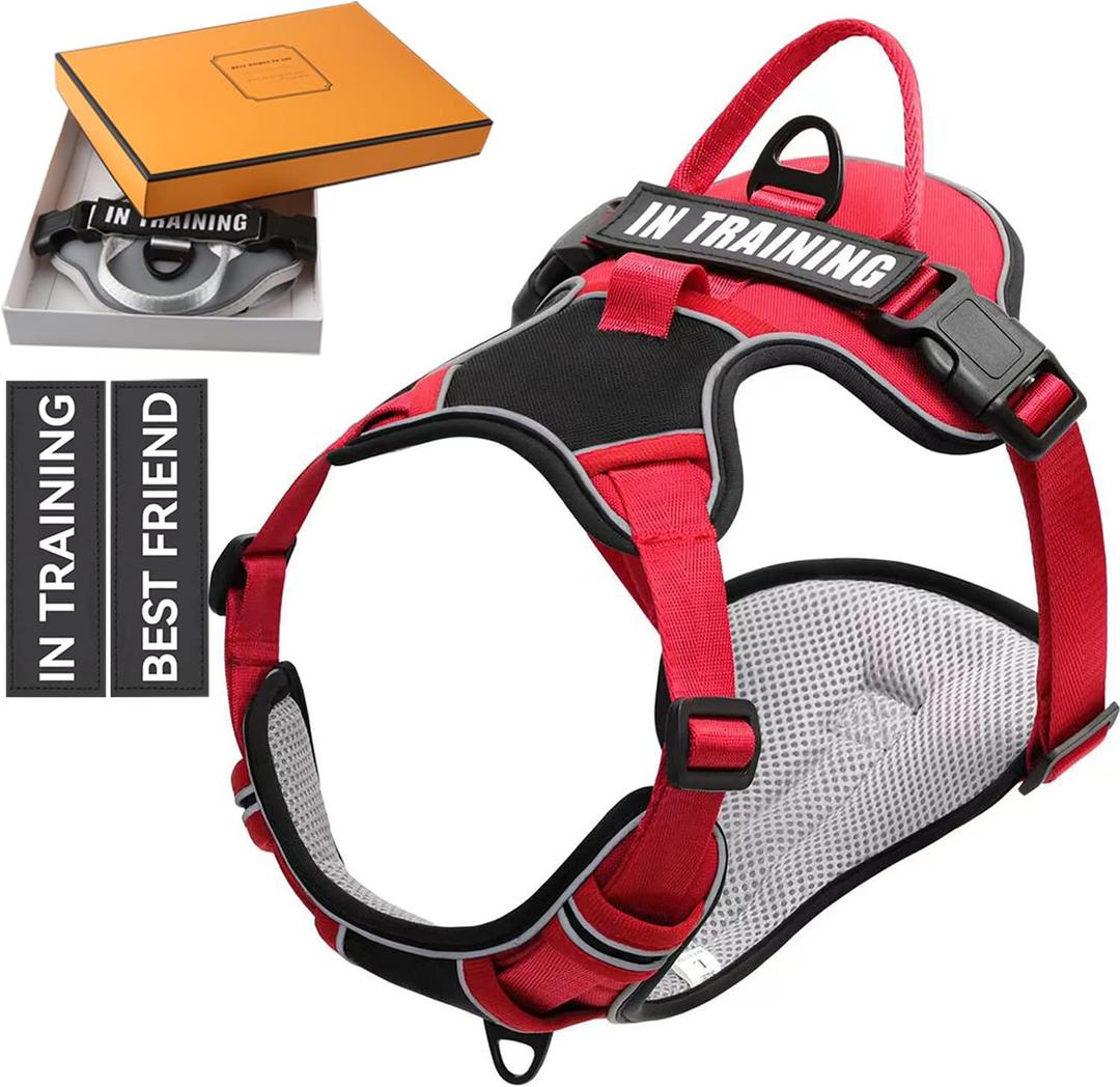 No Pull Dog Harness, Reflective Dog Vest Harness with Front & Back 2 Leash Clips, Oxford Pet Harness Adjustable Soft Padded Dog Vest with Easy Control Handle for Small Medium Large Dogs (Large (Pack of 1), Black&Red)