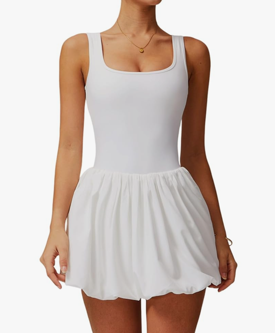 Women's Tennis Golf Dress with Built-in Bra Shorts Backless Square Neck Mini Puffy Skirt Athletic Dresses with Pockets, White, Small