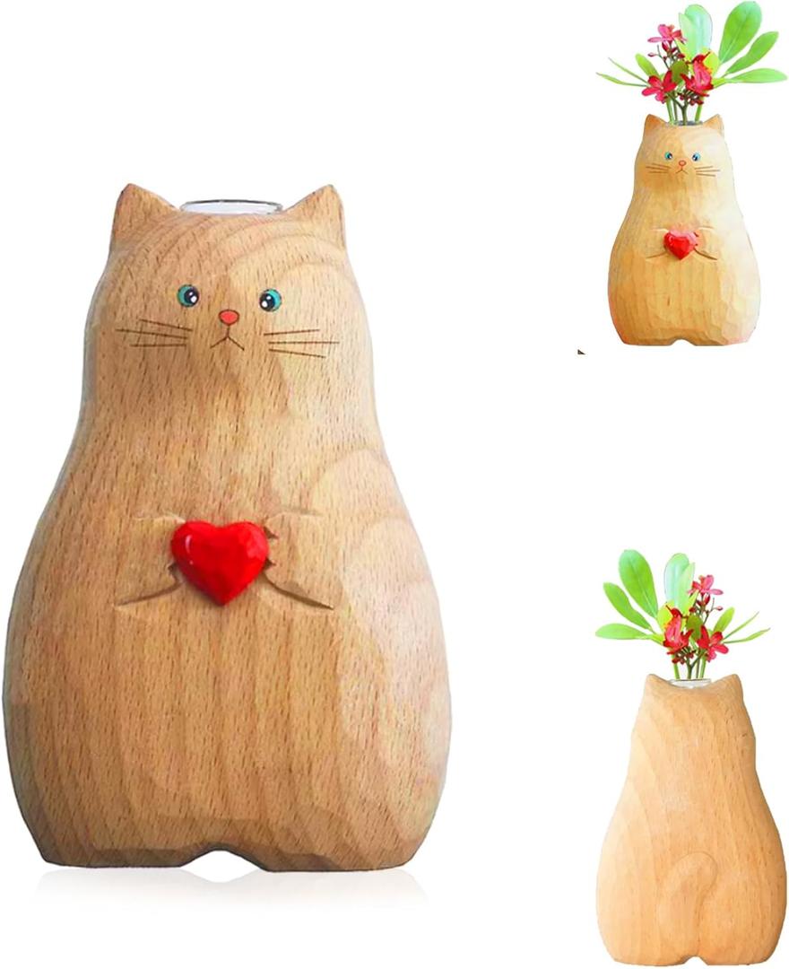 Cat Vase Handmade Wooden Vase, Home Decor Small Vases,Solid Wood Cat Statue Holding Heart Shaped,Modern Creative Cat Decor