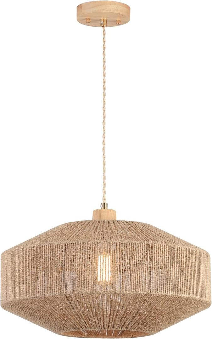 Coastal Large Woven Pendant Light Fixture 17.8 inch One-Light Adjustable Natural Hemp Rope Cage Pendant Lighting for Kitchen Island Dining Room Living Room Farmhouse