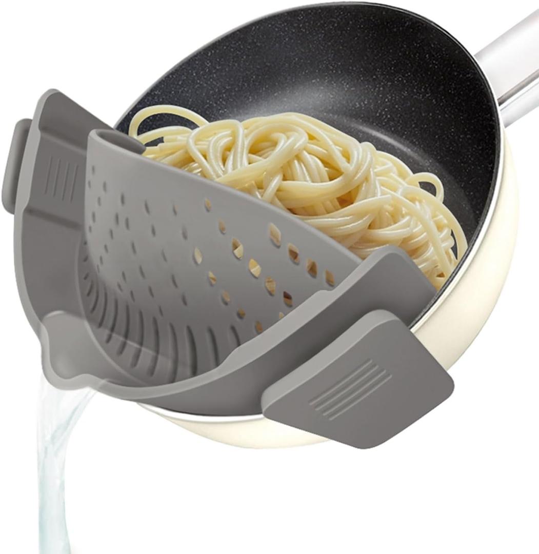 YEVIOR Clip on Strainer for All Pots Pan,Silicone Pasta Strainer Kitchen Gadgets,Collapsible Colander for Noodle,Vegetables,Fruit,Spaghetti (Grey) (Gray)