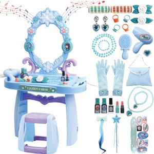 deAO Toddler Vanity Makeup Table Toy with Mirror & Chair,Kids Vanity with Light&Music,Pretend Play Makeup Toy with Hair Dryer Toy,Toddler Beauty Salon Set,Gift for Girls 3 4 5