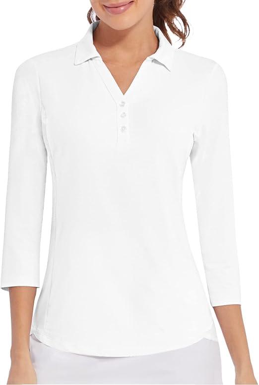 Women's Polo Shirt 3/4 Long Sleeve Golf Quick Dry T Shirts UPF 50+ Athletic Casual Work Shirts Tops for Women L, Wh