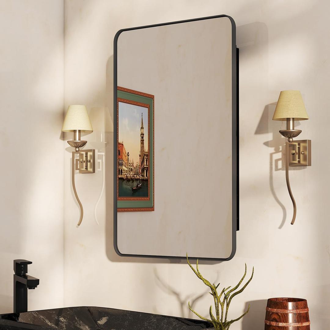16x27.5 Medicine Cabinet with Mirror, Fully Assembled Recessed or Wall-Mounted Bathroom Mirrored Cabinet with Adjustable Storage Shelves for Vanity, Metal, Black