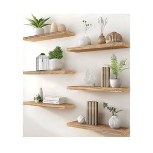 PHPH Wood Floating Shelves for Wall, Wooden Wall Shelves for Bedroom, Set of 6 Light Brown 17 Inch