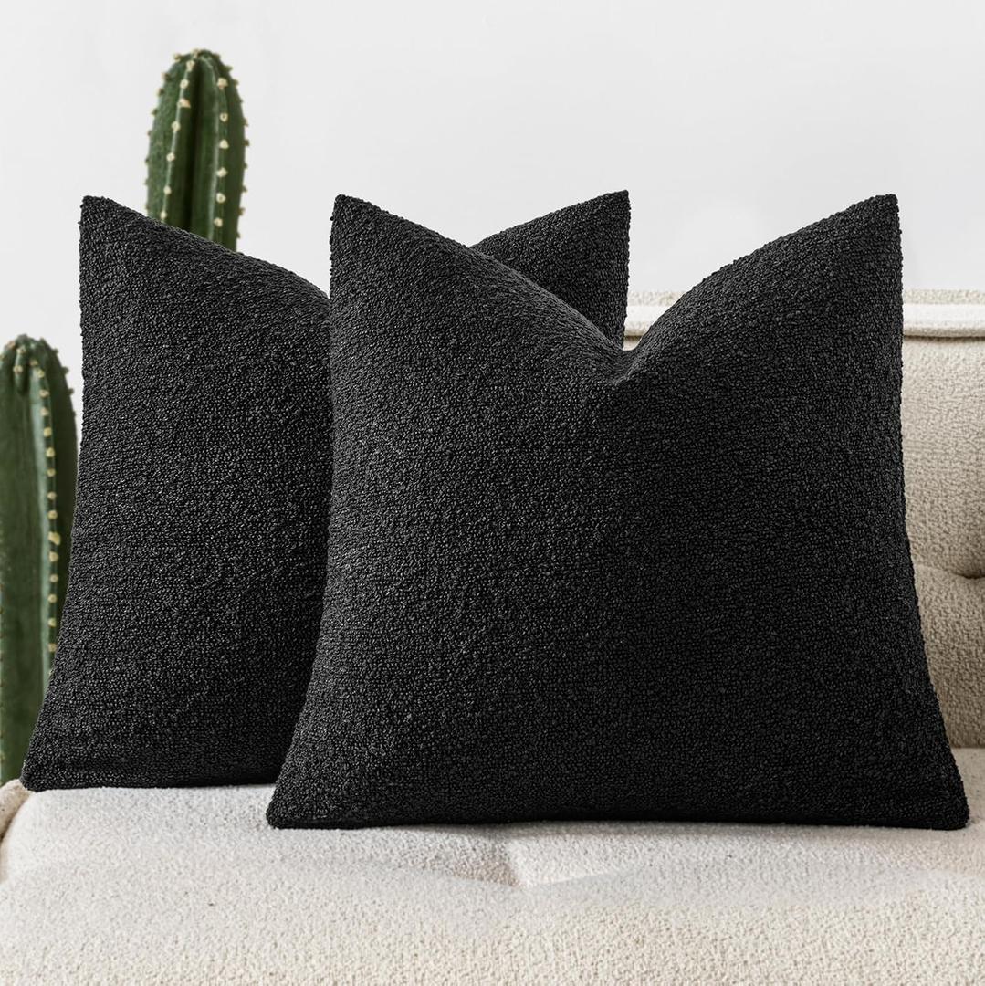 Pack of 2 20x20 Inch Decorative Boucle Throw Pillow Covers Textured Square Pillowcaes Accent Solid Cozy Soft Cushion Covers Home Decor for Sofa Couch Living Room Home Decor,Black