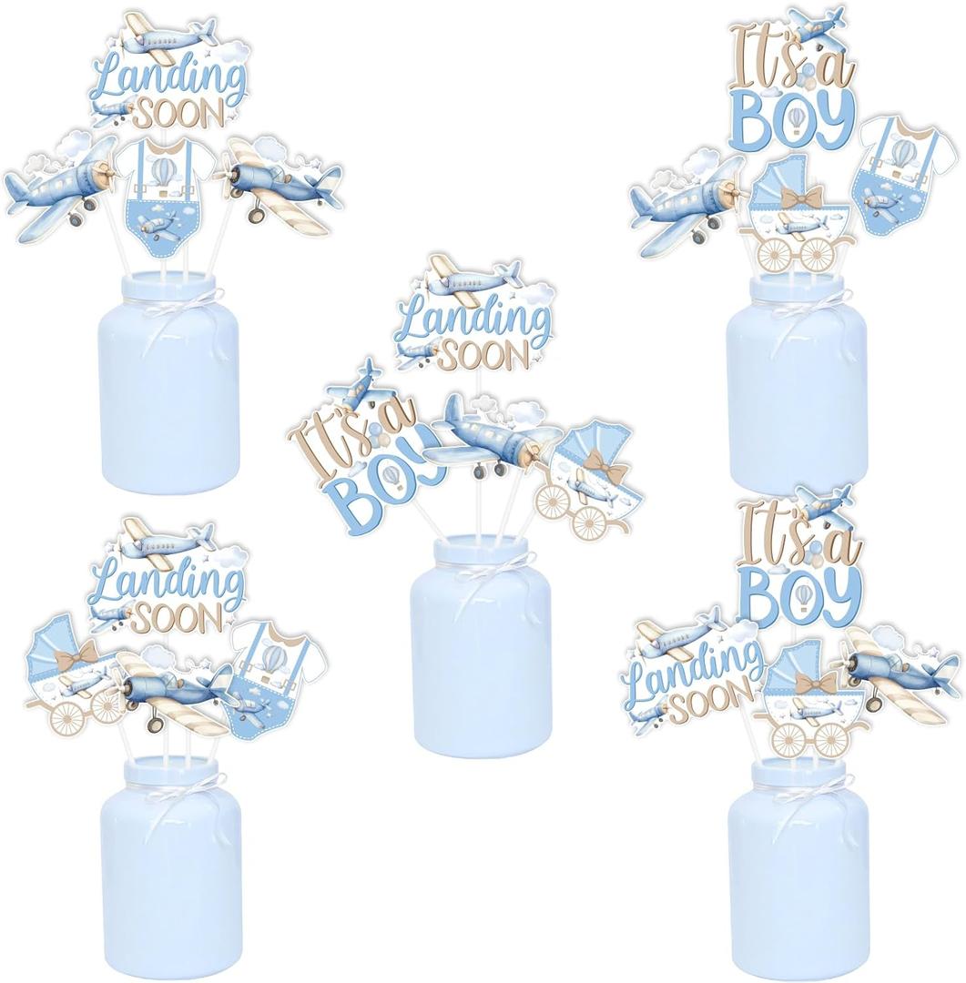 Kreatwow Vintage Airplane Baby Shower Decorations 24Pcs Airplane Party Centerpiece Stick Landing Soon Baby Shower Decorations Plane Aircraft Aviator Party Adventure Awaits Decoration for Pregnancy