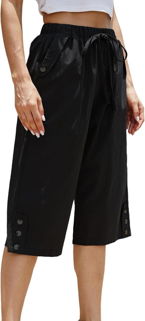 Women Pocket Pants Lightweight Wide Leg Drawstring Elastic Waist Yoga Lounge Cropped Pants (Large, Black)