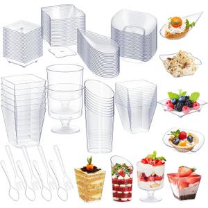 Tessco for you 160 Pcs Mini Appetizer Plates Dessert Cups Spoons Forks Set Dessert Containers Assorted Shape Plastic Parfait Cups Disposable Spoon Forks for Party Serving (Clear)