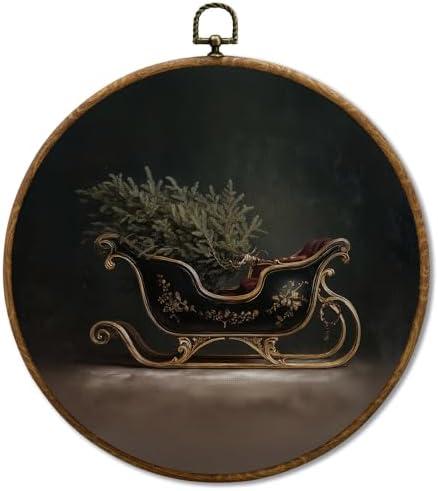JUIOEIU Vintage Christmas Sleigh Round Wall Decor, Moody Christmas Framed Canvas Prints, Dark Rustic Winter Xmas Sleigh Wall Art Hanging Decorations for Home Bedroom Living Room Decor, 10x10in